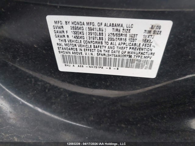 Aukcja sprzedaży 2010 Honda Odyssey Exl, vin: 5FNRL3H75AB006736, numer aukcji: 12593239