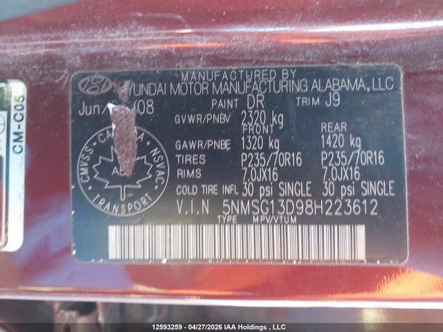 Продаж на аукціоні авто 2008 Hyundai Santa Fe Gl/gls, vin: 5NMSG13D98H223612, номер лоту: 12593259