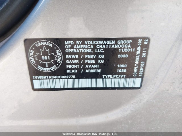 12593264 :رقم المزاد ، 1VWBH7A34CC032775 vin ، 2012 Volkswagen Passat 2.5l Comfortline مزاد بيع