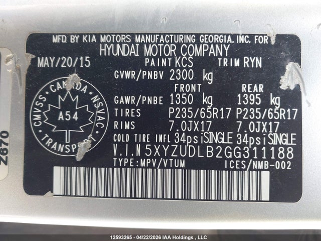 5XYZUDLB2GG311188 Hyundai SANTA FE SPORT