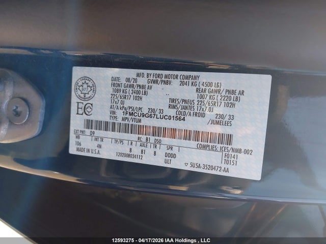 12593275 :رقم المزاد ، 1FMCU9G67LUC01564 vin ، 2020 Ford Escape Se مزاد بيع