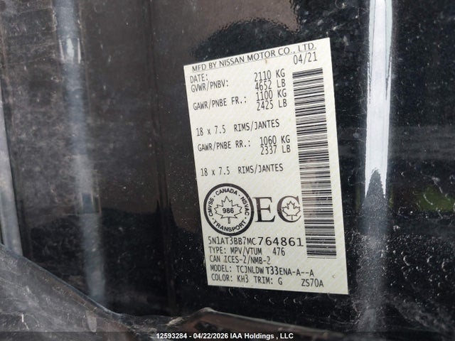 2021 Nissan Rogue Sv მანქანა იყიდება აუქციონზე, vin: 5N1AT3BB7MC764861, აუქციონის ნომერი: 12593284