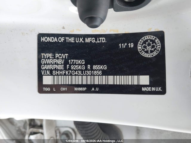 2020 Honda Civic Sport მანქანა იყიდება აუქციონზე, vin: SHHFK7G43LU301856, აუქციონის ნომერი: 12593286