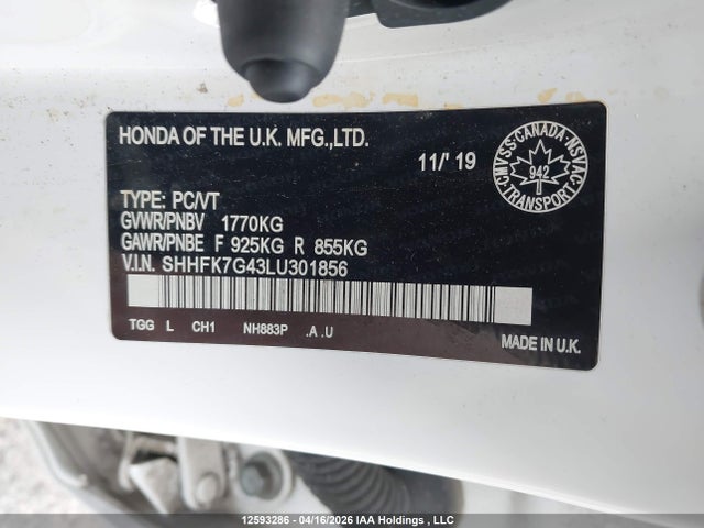 2020 Honda Civic Sport მანქანა იყიდება აუქციონზე, vin: SHHFK7G43LU301856, აუქციონის ნომერი: 12593286