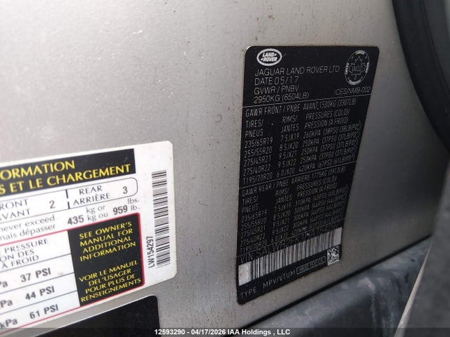 2017 Land Rover Range Rover Sport Hse მანქანა იყიდება აუქციონზე, vin: SALWR2FK1HA154297, აუქციონის ნომერი: 12593290