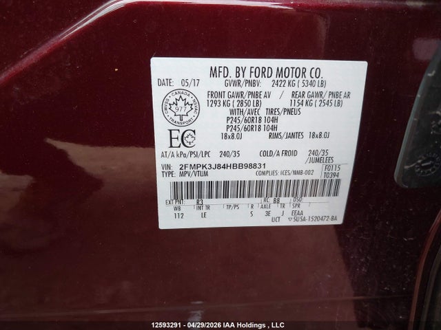 12593291 :رقم المزاد ، 2FMPK3J84HBB98831 vin ، 2017 Ford Edge Sel مزاد بيع