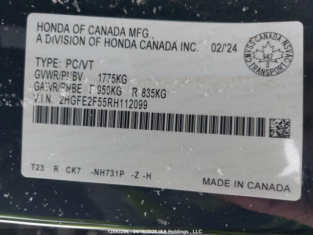 2024 Honda Civic Sport მანქანა იყიდება აუქციონზე, vin: 2HGFE2F55RH112099, აუქციონის ნომერი: 12593294