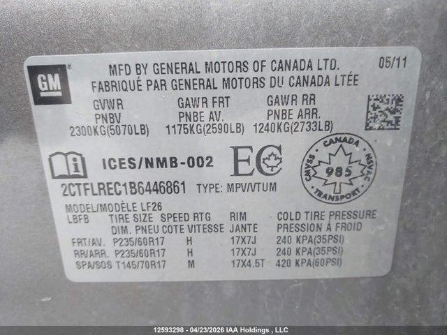 Aukcja sprzedaży 2011 Gmc Terrain Sle-1, vin: 2CTFLREC1B6446861, numer aukcji: 12593298