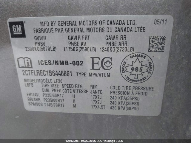 Aukcja sprzedaży 2011 Gmc Terrain Sle-1, vin: 2CTFLREC1B6446861, numer aukcji: 12593298