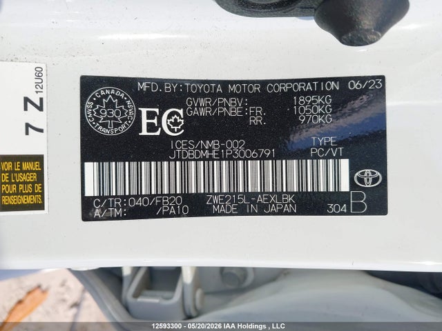 12593300 :رقم المزاد ، JTDBDMHE1P3006791 vin ، 2023 Toyota Corolla Hybrid مزاد بيع
