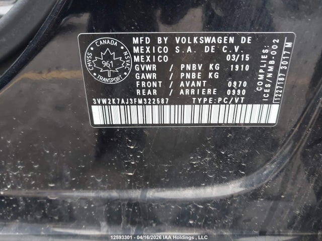 Продаж на аукціоні авто 2015 Volkswagen Jetta S, vin: 3VW2K7AJ3FM322587, номер лоту: 12593301