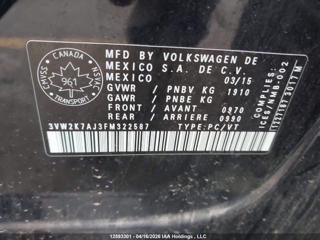 Продаж на аукціоні авто 2015 Volkswagen Jetta S, vin: 3VW2K7AJ3FM322587, номер лоту: 12593301