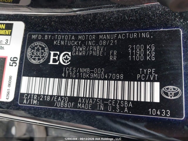 12593304 :رقم المزاد ، 4T1G11BK9MU047098 vin ، 2021 Toyota Camry Se/se Night Shade مزاد بيع
