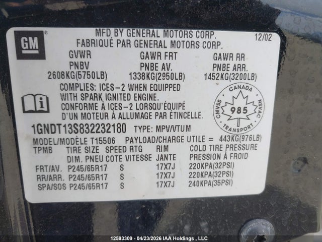 2003 Chevrolet Trailblazer Ls/lt/ltz მანქანა იყიდება აუქციონზე, vin: 1GNDT13S832232180, აუქციონის ნომერი: 12593309