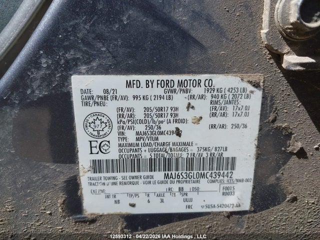 2021 Ford Ecosport Se მანქანა იყიდება აუქციონზე, vin: MAJ6S3GL0MC439442, აუქციონის ნომერი: 12593312