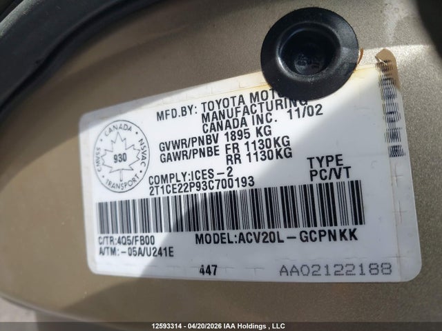 Aukcja sprzedaży 2003 Toyota Camry Solara Se, vin: 2T1CE22P93C700193, numer aukcji: 12593314