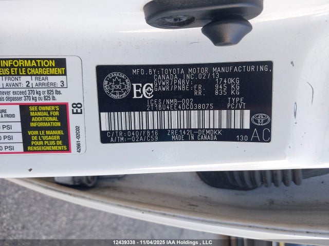 12439338 :رقم المزاد ، 2T1BU4EE4DC038075 vin ، 2013 Toyota Corolla Ce مزاد بيع