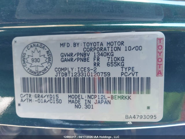 2001 Toyota Echo მანქანა იყიდება აუქციონზე, vin: JTDBT123310120759, აუქციონის ნომერი: 12593317