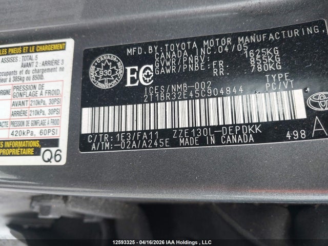 Продаж на аукціоні авто 2005 Toyota Corolla Ce/le/s, vin: 2T1BR32E45C904844, номер лоту: 12593325