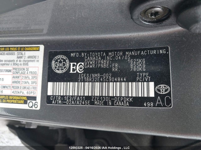 Продаж на аукціоні авто 2005 Toyota Corolla Ce/le/s, vin: 2T1BR32E45C904844, номер лоту: 12593325