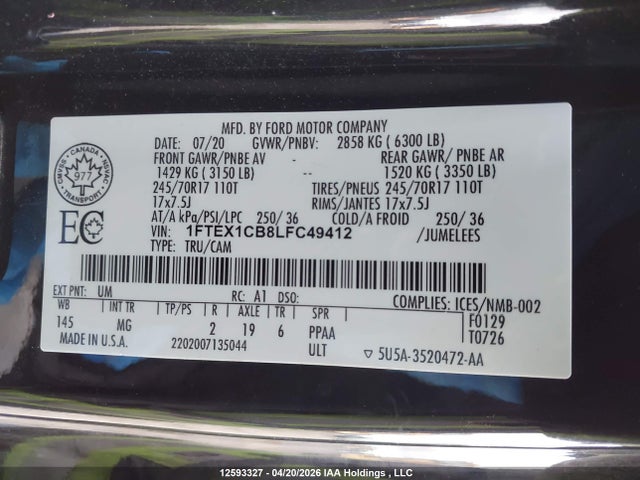 Продажа на аукционе авто 2020 Ford F-150 Xlt, vin: 1FTEX1CB8LFC49412, номер лота: 12593327