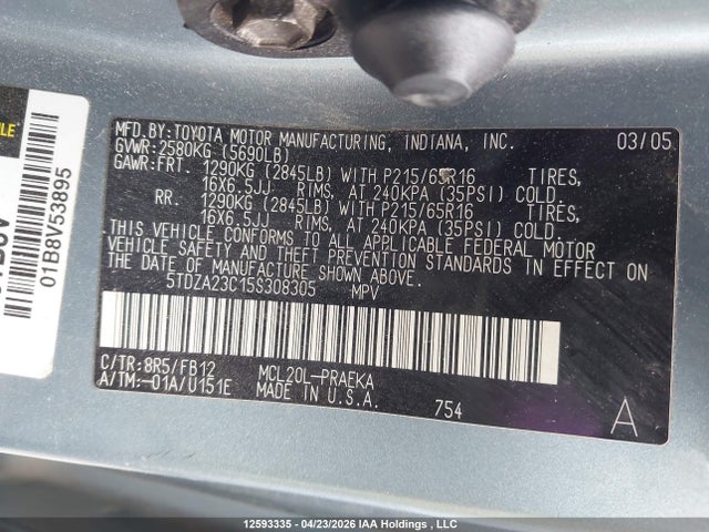 12593335 :رقم المزاد ، 5TDZA23C15S308305 vin ، 2005 Toyota Sienna Ce/le مزاد بيع