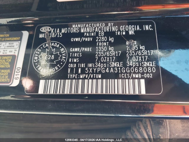 5XYPG4A31GG068080 KIA Sorento 2.4l Lx