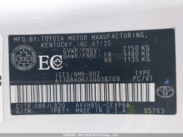 12593354 :رقم المزاد ، 4T1DBADK7SU018709 vin ، 2025 Toyota Camry Xse/xle/le/se مزاد بيع