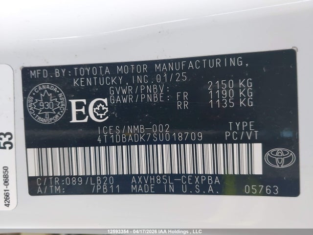 12593354 :رقم المزاد ، 4T1DBADK7SU018709 vin ، 2025 Toyota Camry Xse/xle/le/se مزاد بيع