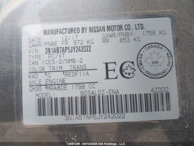 3N1AB7AP5JY242022 Nissan Sentra 1.8 S/1.8 Sv/1.8 Sv Midnight Edition