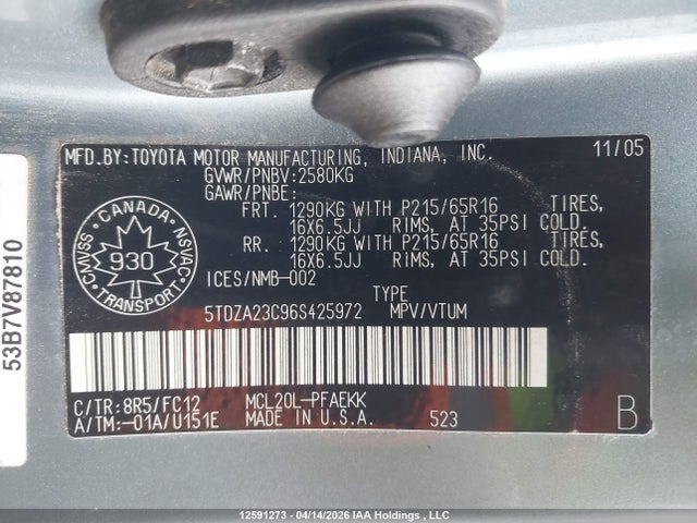 2006 Toyota Sienna Ce 7 Passenger/ce 8 Passenger/le 7 Passenger/le 8 Passenger მანქანა იყიდება აუქციონზე, vin: 5TDZA23C96S425972, აუქციონის ნომერი: 12591273