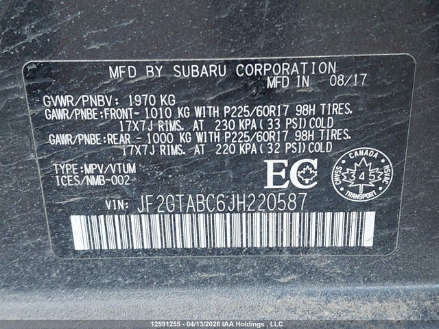 2018 Subaru Crosstrek Touring მანქანა იყიდება აუქციონზე, vin: JF2GTABC6JH220587, აუქციონის ნომერი: 12591255