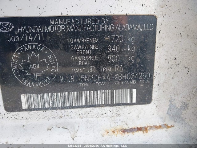 2011 Hyundai Elantra მანქანა იყიდება აუქციონზე, vin: 5NPDH4AEXBH024260, აუქციონის ნომერი: 12593364