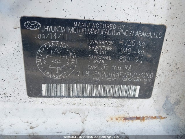 2011 Hyundai Elantra მანქანა იყიდება აუქციონზე, vin: 5NPDH4AEXBH024260, აუქციონის ნომერი: 12593364