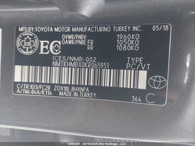 2019 Toyota C-hr მანქანა იყიდება აუქციონზე, vin: NMTKHMBX0KR065951, აუქციონის ნომერი: 12593367