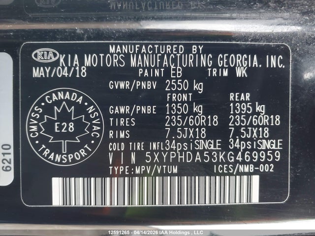 5XYPHDA53KG469959 KIA Sorento 3.3l Ex/3.3l Ex+