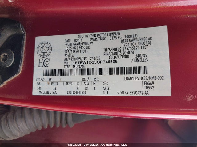 Продажа на аукционе авто 2016 Ford F-150 Xlt, vin: 1FTEW1EG3GFB46609, номер лота: 12593368