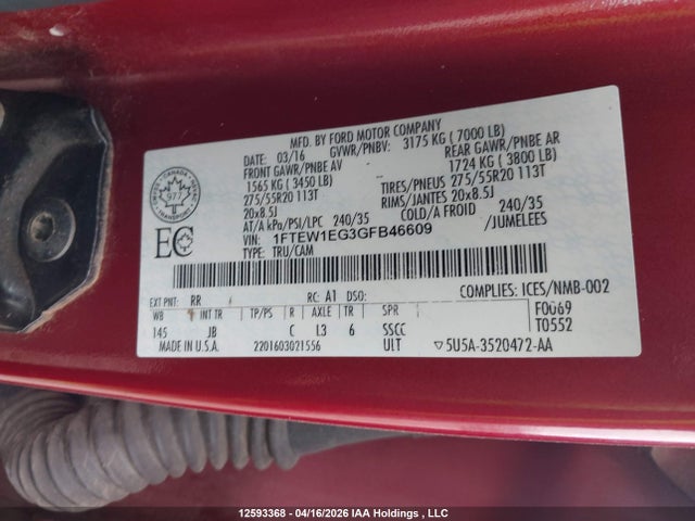 Продажа на аукционе авто 2016 Ford F-150 Xlt, vin: 1FTEW1EG3GFB46609, номер лота: 12593368