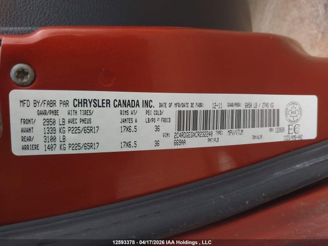 Aukcja sprzedaży 2012 Dodge Grand Caravan R/t, vin: 2C4RDGEGXCR232240, numer aukcji: 12593378