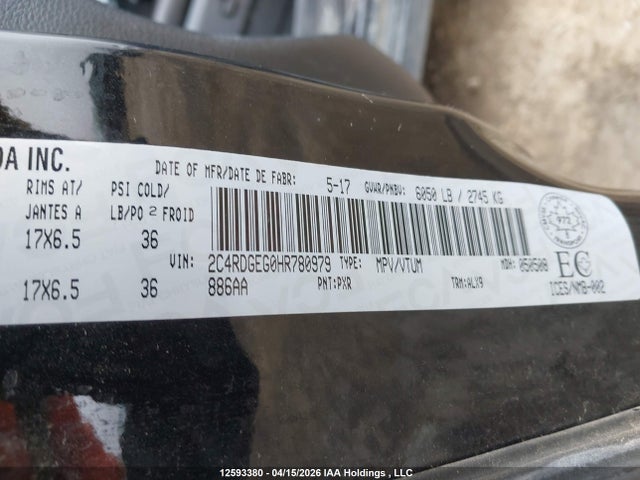 Продаж на аукціоні авто 2017 Dodge Grand Caravan Gt, vin: 2C4RDGEG0HR780979, номер лоту: 12593380
