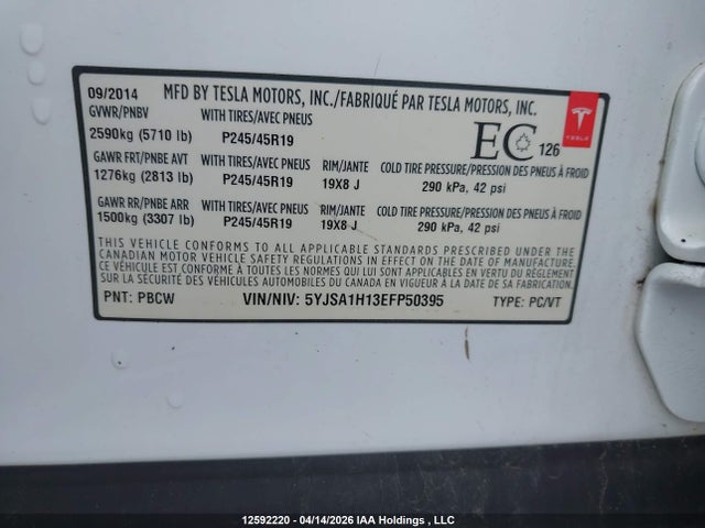 Aukcja sprzedaży 2014 Tesla Model S, vin: 5YJSA1H13EFP50395, numer aukcji: 12592220
