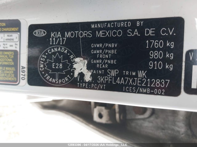 3KPFL4A7XJE212837 KIA Forte Lx/lx+