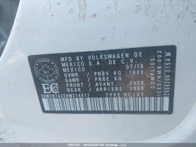 2017 Volkswagen Jetta 1.4 Tsi Trendline+ მანქანა იყიდება აუქციონზე, vin: 3VW2B7AJ2HM214917, აუქციონის ნომერი: 12593397
