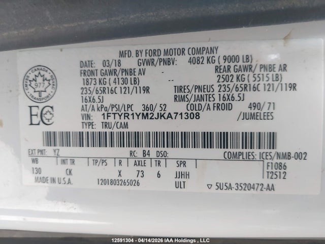 Продаж на аукціоні авто 2018 Ford Transit-250, vin: 1FTYR1YM2JKA71308, номер лоту: 12591304