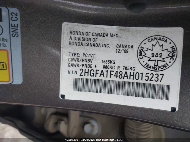 Aukcja sprzedaży 2010 Honda Civic Dx-g, vin: 2HGFA1F48AH015237, numer aukcji: 12593400
