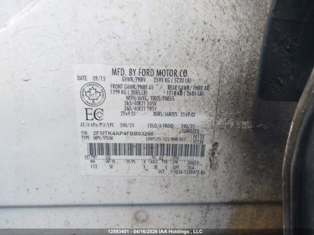 12593401 :رقم المزاد ، 2FMTK4AP4FBB93296 vin ، 2015 Ford Edge Sport مزاد بيع