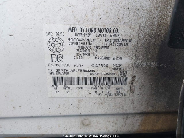 12593401 :رقم المزاد ، 2FMTK4AP4FBB93296 vin ، 2015 Ford Edge Sport مزاد بيع