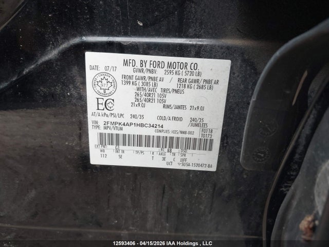 Продаж на аукціоні авто 2017 Ford Edge Sport, vin: 2FMPK4AP1HBC34214, номер лоту: 12593406