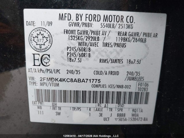 Продажа на аукционе авто 2010 Ford Edge Limited, vin: 2FMDK4KC8ABA71775, номер лота: 12593410