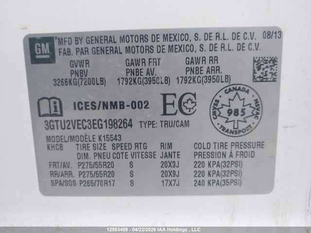 12593409 :رقم المزاد ، 3GTU2VEC3EG198264 vin ، 2014 Gmc Sierra 1500 Slt مزاد بيع